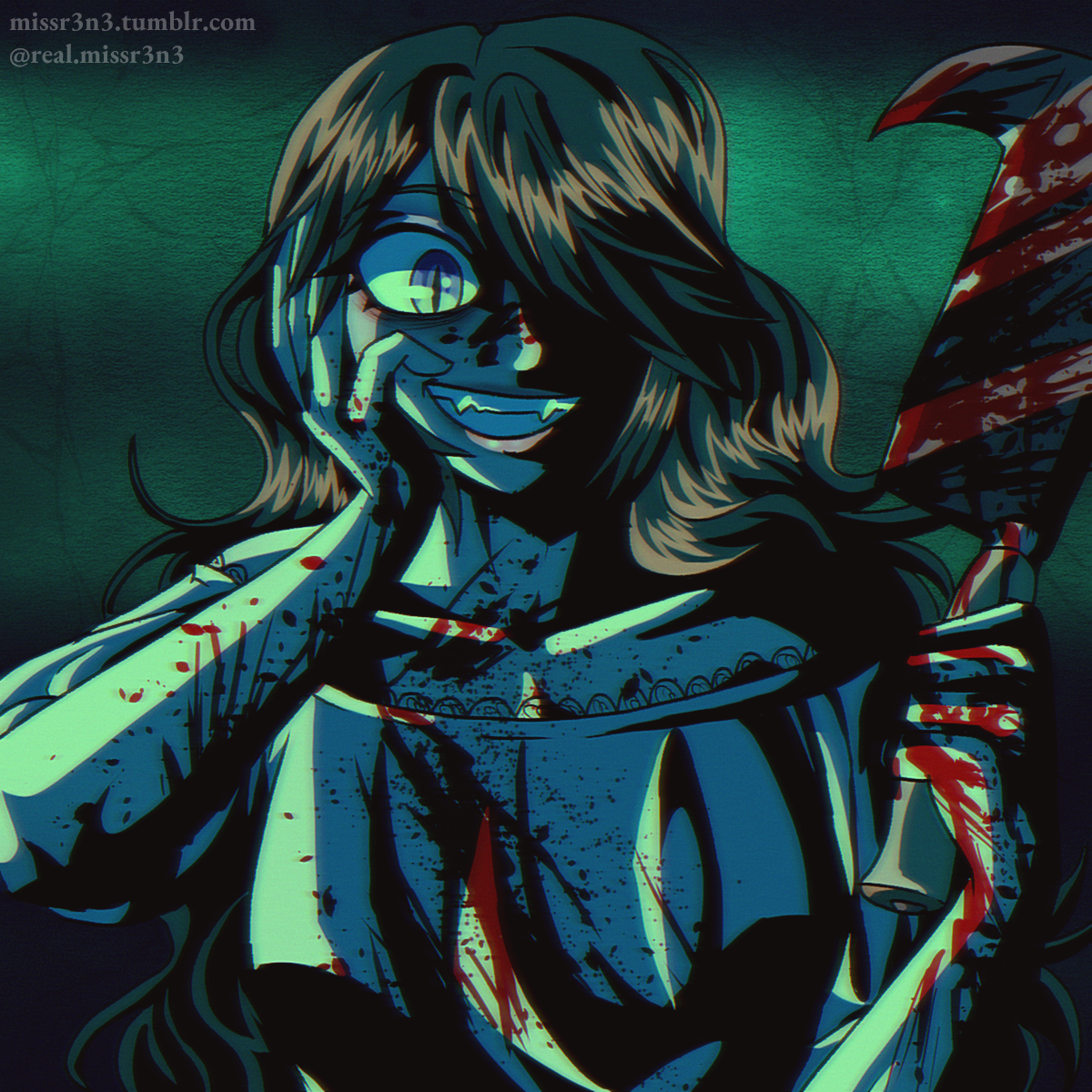 an 80s anime style portrait of isabelle holding a bloodied billhook cleaver while grinning